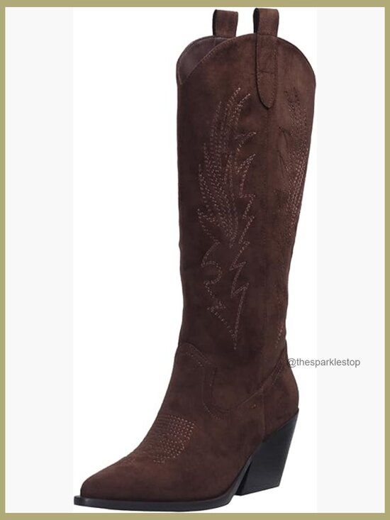 Shoes - Knee High Cowgirl Boots with Side Zipper, Mid Heel, Pull-On